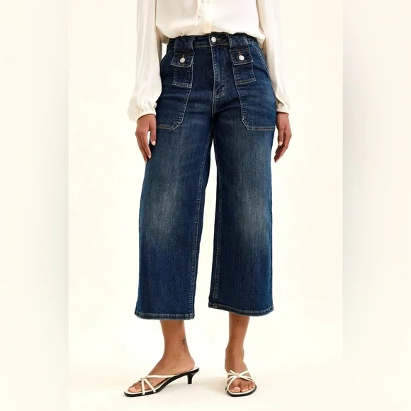Judy Blue High Waist Wide Crop Utility Jeans with Patch Pocket - Picture 1 of 7
